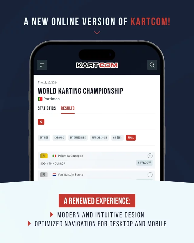 A new online version of Kartcom!

Since its creation, www.kartcom.com has established itself as an essential reference for karting enthusiasts and professionals. As the showcase for KSP Reportages’ communications department, the site has evolved regularly to keep up with the latest web standards. In 2024, we launched a major overhaul to offer a completely new experience, marking a decisive turning point. This redesigned version, now online, is the best possible preparation for the new 2025 season and promises to revolutionise the way people find out about karting online.

An overhaul designed for the future
Created in 2007 and modernised in 2019, www.kartcom.com is taking another step forward this year. Still free and open access, the site now benefits from a totally redesigned user interface. The redesign was completed by a web designer with expertise in UX (user experience) and UI (user interface), guaranteeing intuitive, fluid browsing. Whether you view the site from a desktop, laptop, tablet or smartphone, the experience is optimised on all devices.

Special attention has also been paid to SEO, to bring the site into line with the latest developments on the web and ensure maximum visibility to search engines and therefore the general public.

Impressive figures for a unique platform
Every year, more than 1,400,000 unique visitors browse Kartcom to access an unrivalled wealth of information:
– More than 40,000 articles and 6,500 press releases
– Results and statistics for over 2,400 international and French competitions
– Detailed files on 28,000 drivers, 140 teams and 500 circuits, covering 130 countries and 120 federations
Thanks to extensive revisions to the architecture, this data is now more accessible than ever. The platform also features enhanced archives dating back to 2001, providing a unique historical overview of international results.…

Link in the bio 
www.kartcom.com